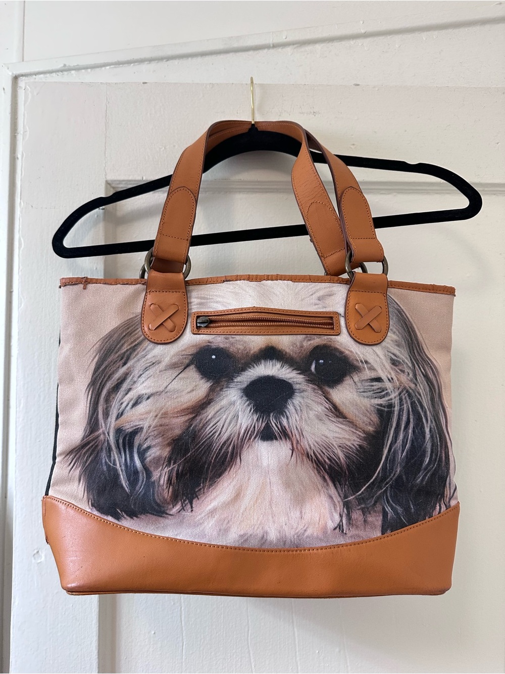 Tan Dog-Print Tote Bag with Leather Trim